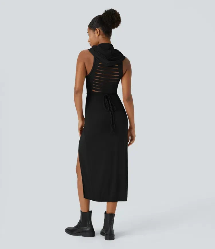 ColaZebra™ - Robe décontractée midi à capuche, sans manches et dos zébré