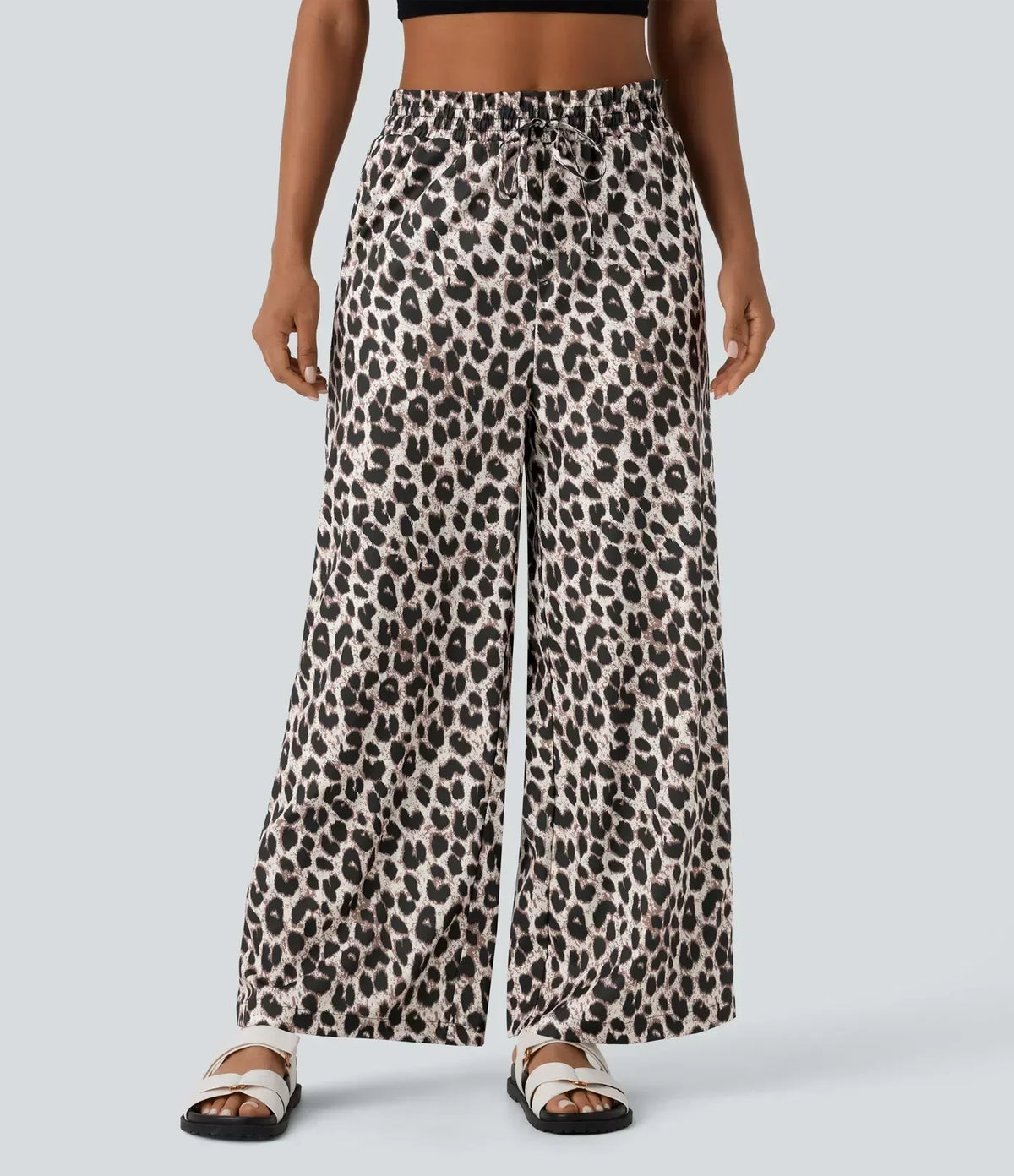 ColaComfort™ - Pantalon décontracté taille haute, poches latérales, cordon de serrage et imprimé léopard