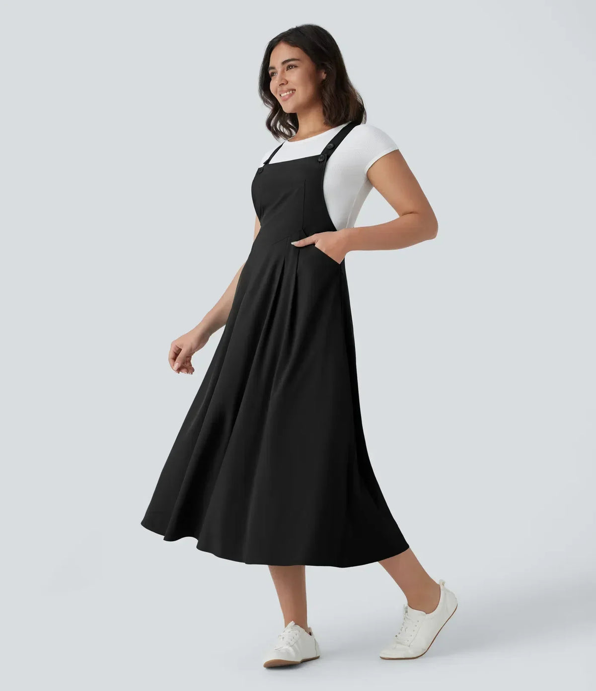 Classico™ - Robe midi décontractée et fluide à poches multiples, bretelles réglables et boutons